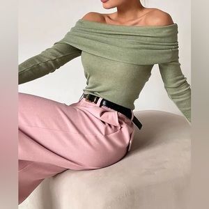 Evie Off The Shoulder Long Sleeve Top Sage Green